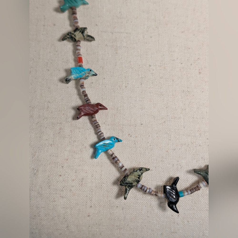 Vintage 19-Bird Fetish Necklace w. Turquoise and Heishi Beads 28" - Picture 3 of 8